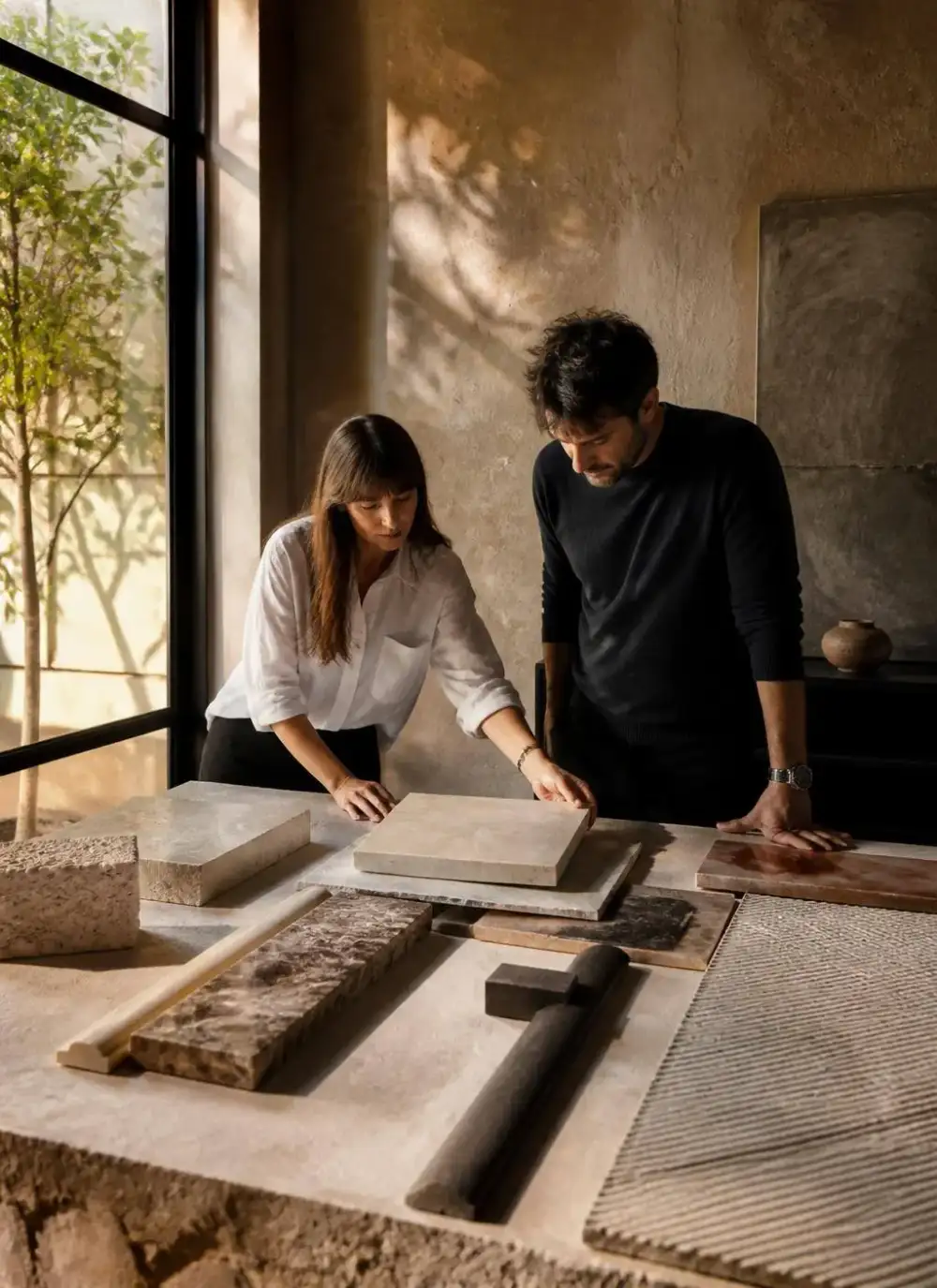 Showroom interior with stone and tile display walls used for supplier consulting