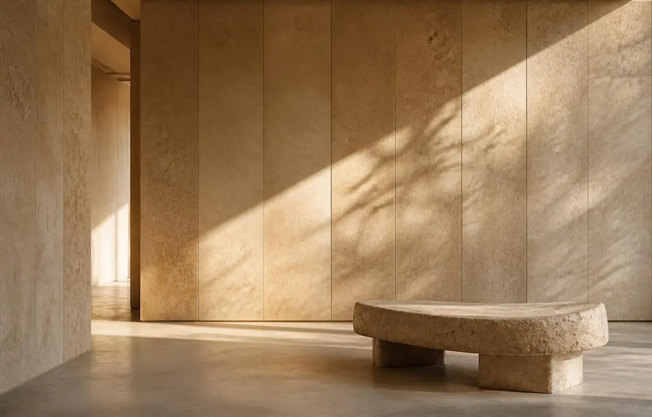 Warm minimalist travertine bathroom interior