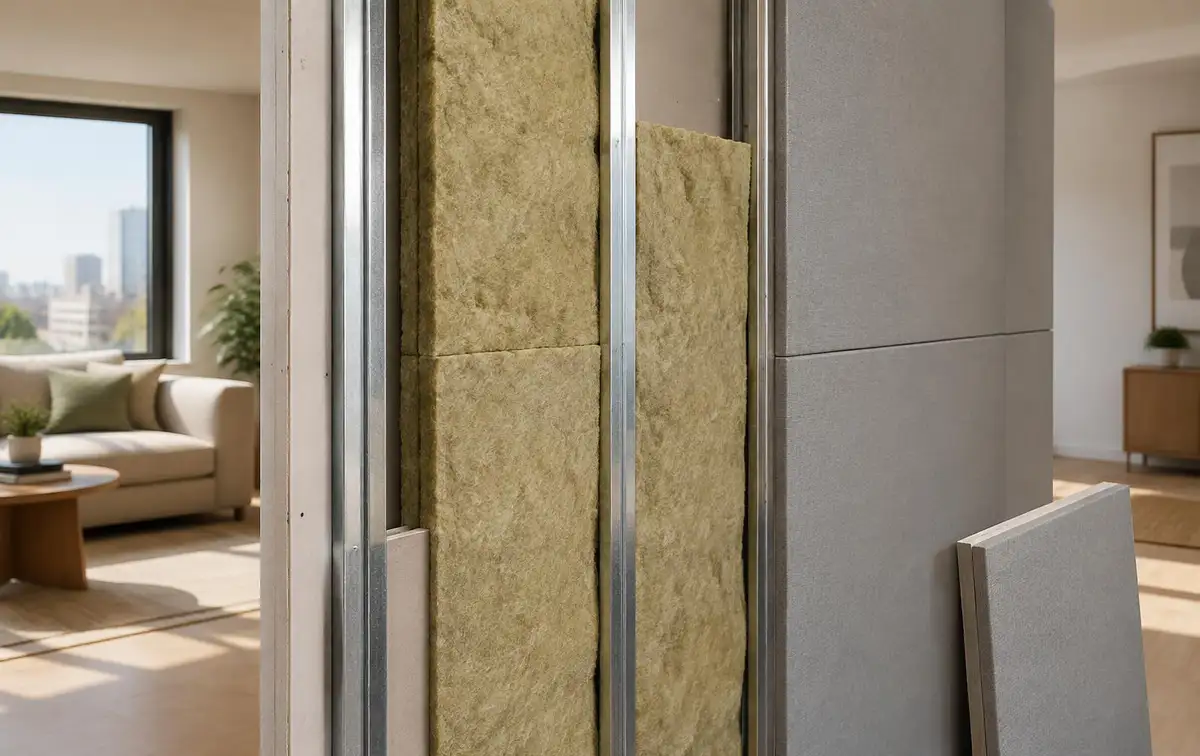 Mineral wool and acoustic panel layers in a modern apartment partition