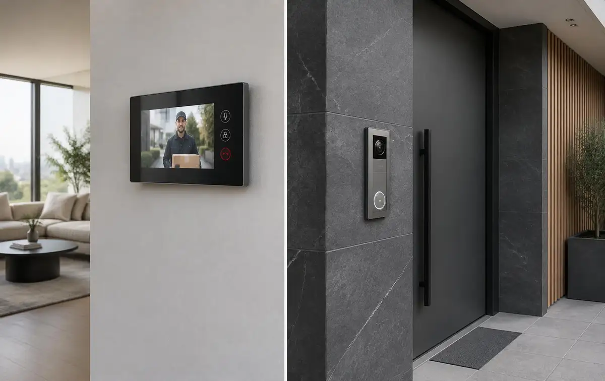 Indoor video door entry monitor and outdoor call panel at a modern entrance