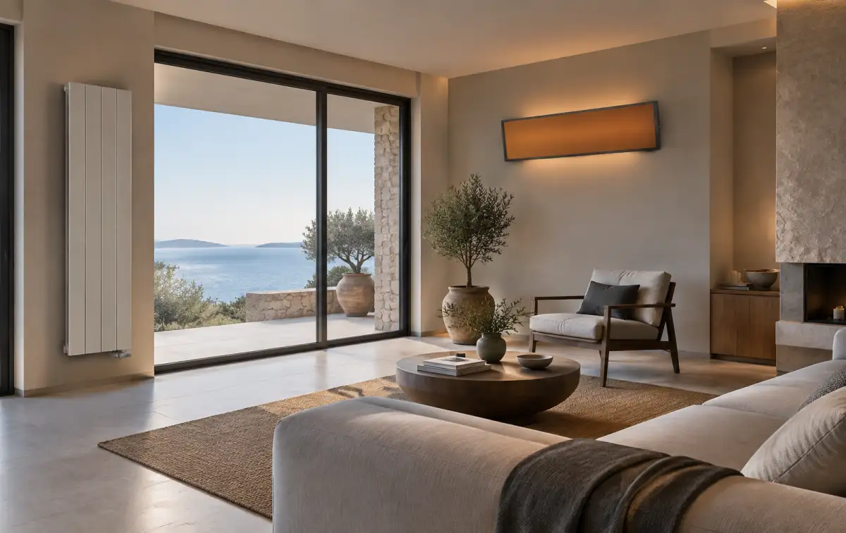 Slim electric radiator and infrared panel in a modern Greek living room