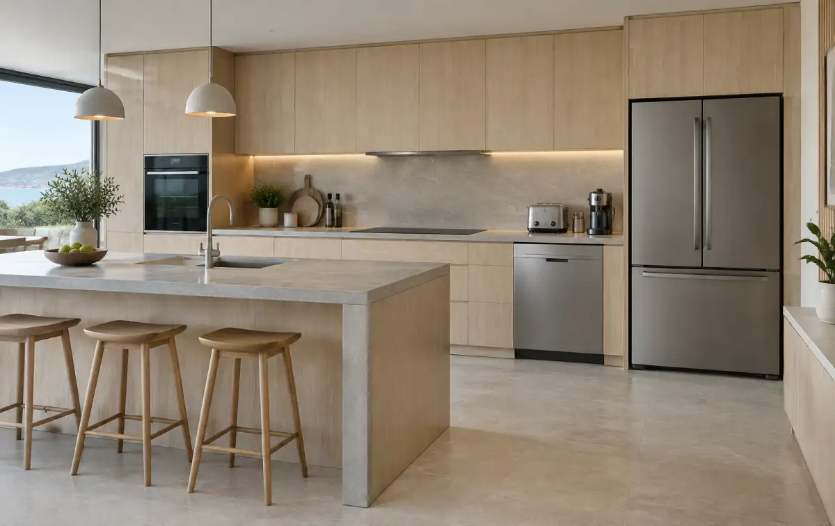 Integrated home and kitchen electrical appliances in a pale timber kitchen