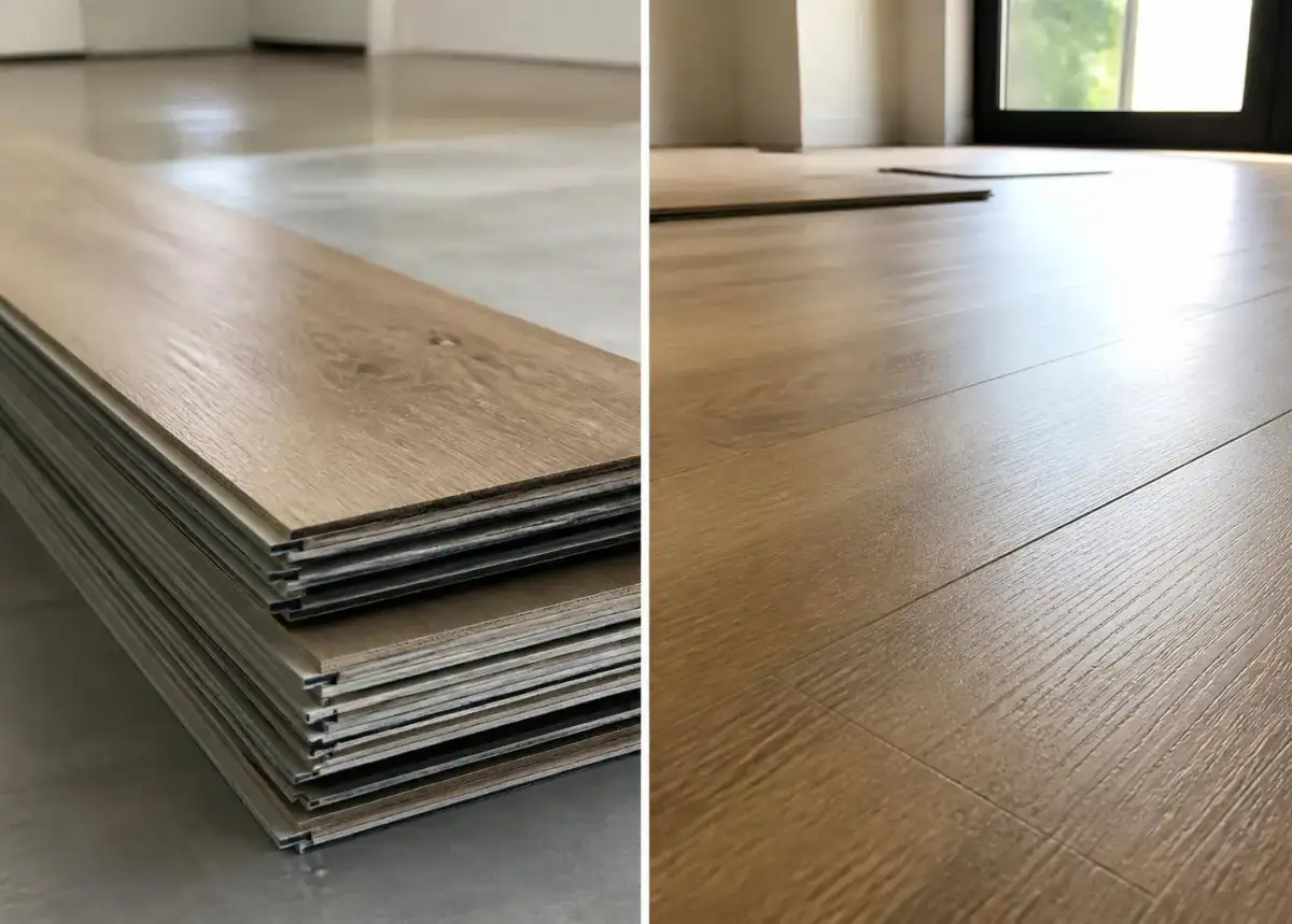 Stacked SPC and laminate planks beside an installed oak-tone floor