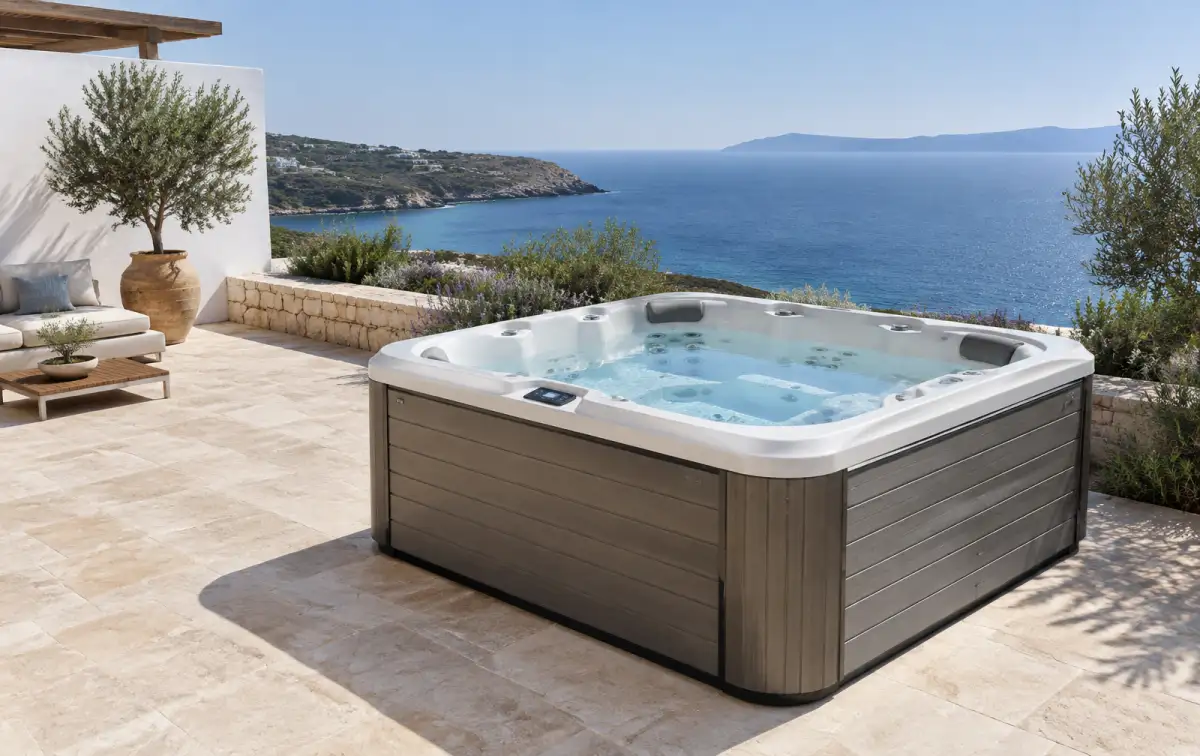 Outdoor jacuzzi on a limestone terrace overlooking the Aegean