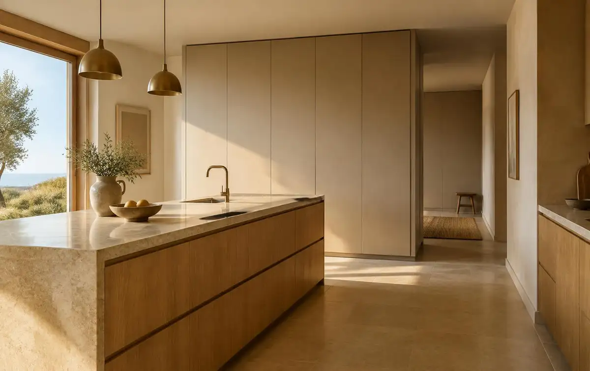 Handleless oak kitchen with stone worktop and tall fitted wardrobe beyond
