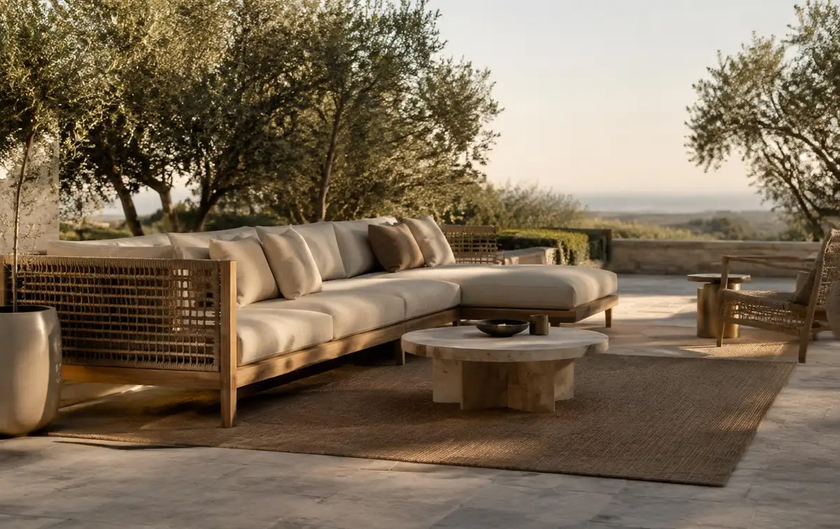 Teak and rope outdoor lounge set on a stone terrace among olive trees