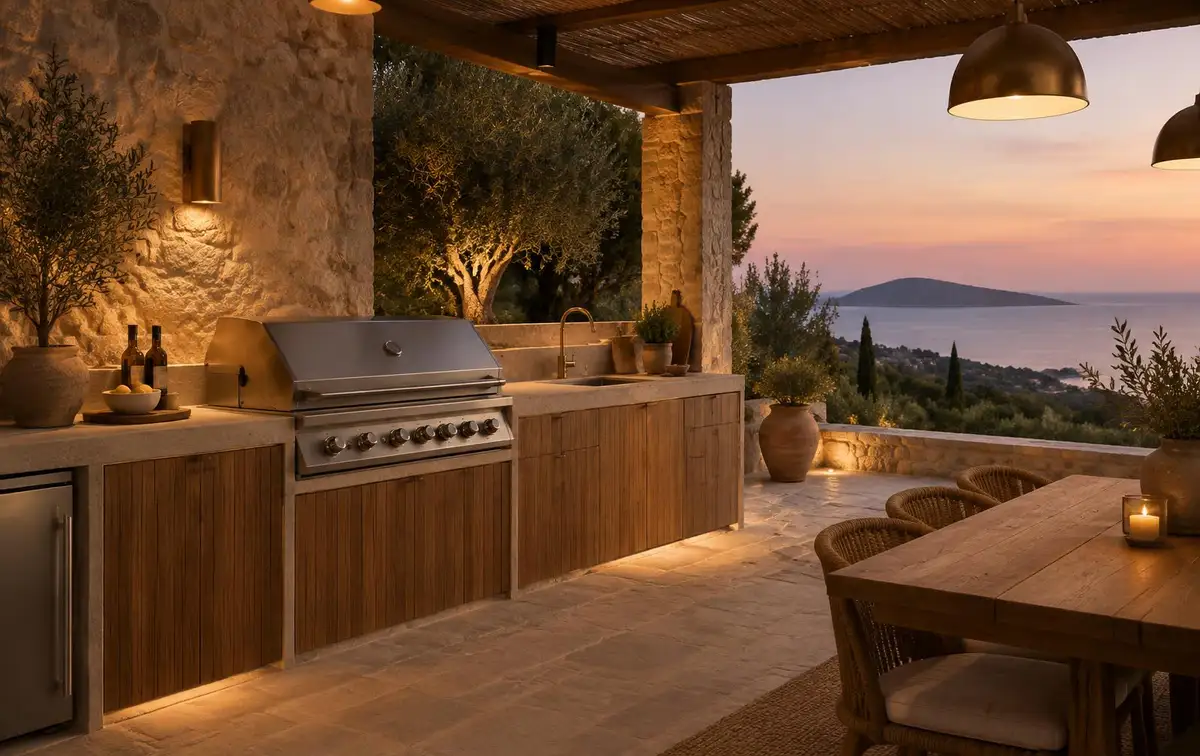Built-in outdoor kitchen with stainless grill and stone worktop on a Mediterranean terrace