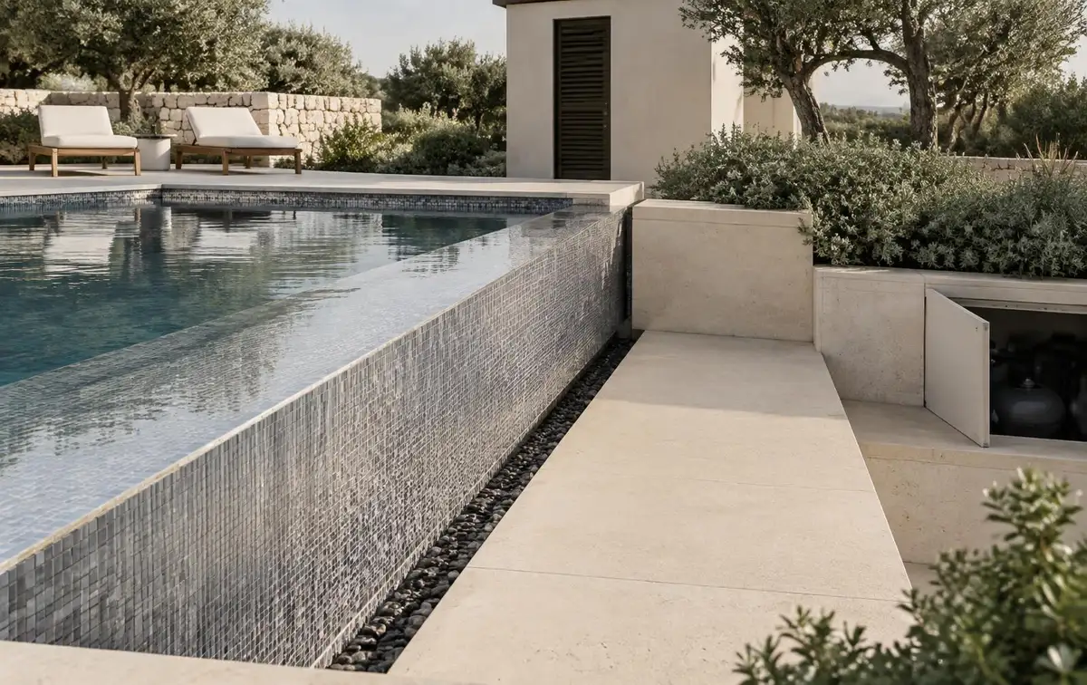 Overflow pool with mosaic lining and pale stone coping in a Mediterranean garden