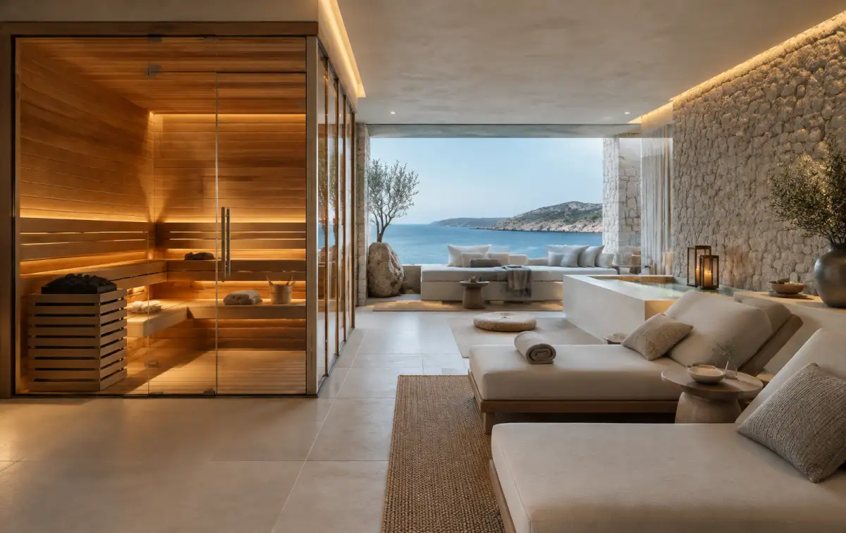 Cedar sauna and spa relaxation suite overlooking the Greek coast