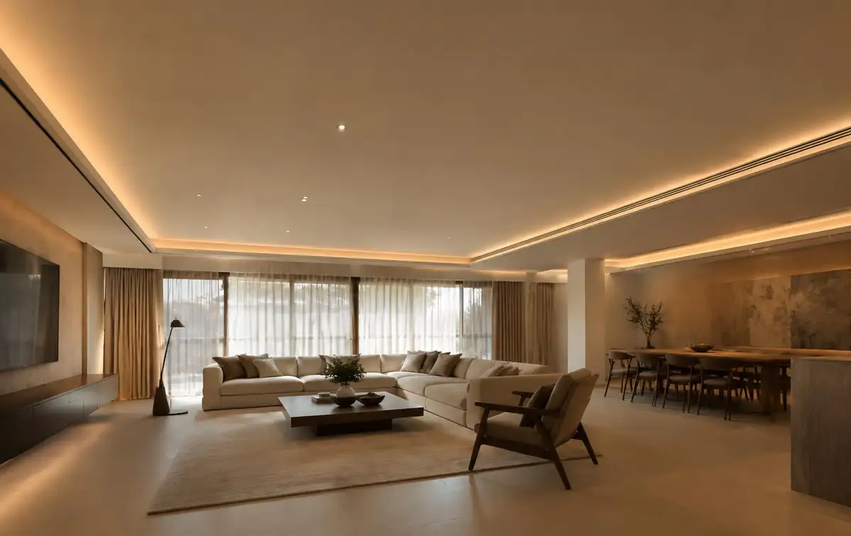 Suspended plasterboard ceiling with linear lighting coves in a modern living space