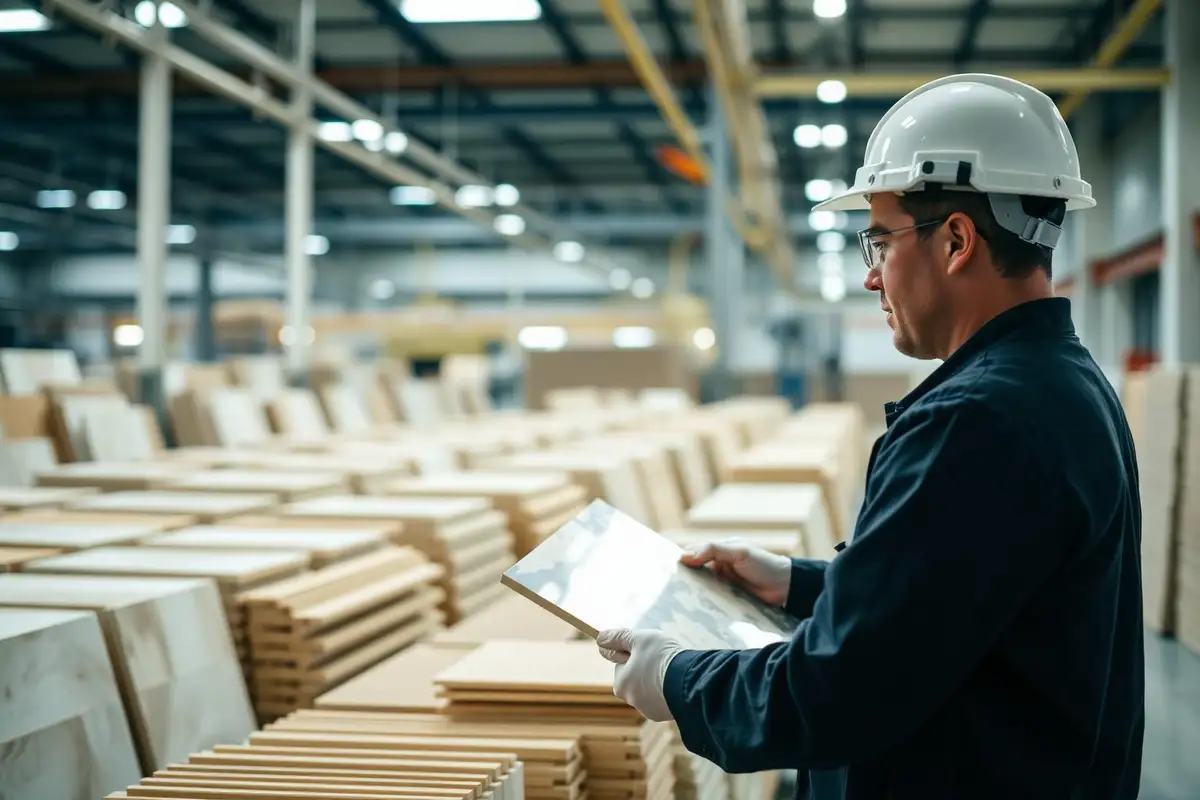 Inspector checking tile batches on a factory line