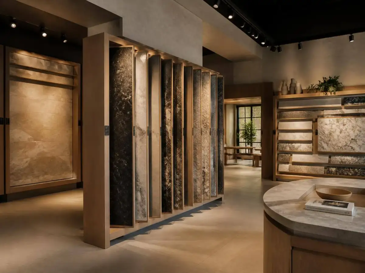 Materials showroom with lit stone slab racks and oak sample joinery